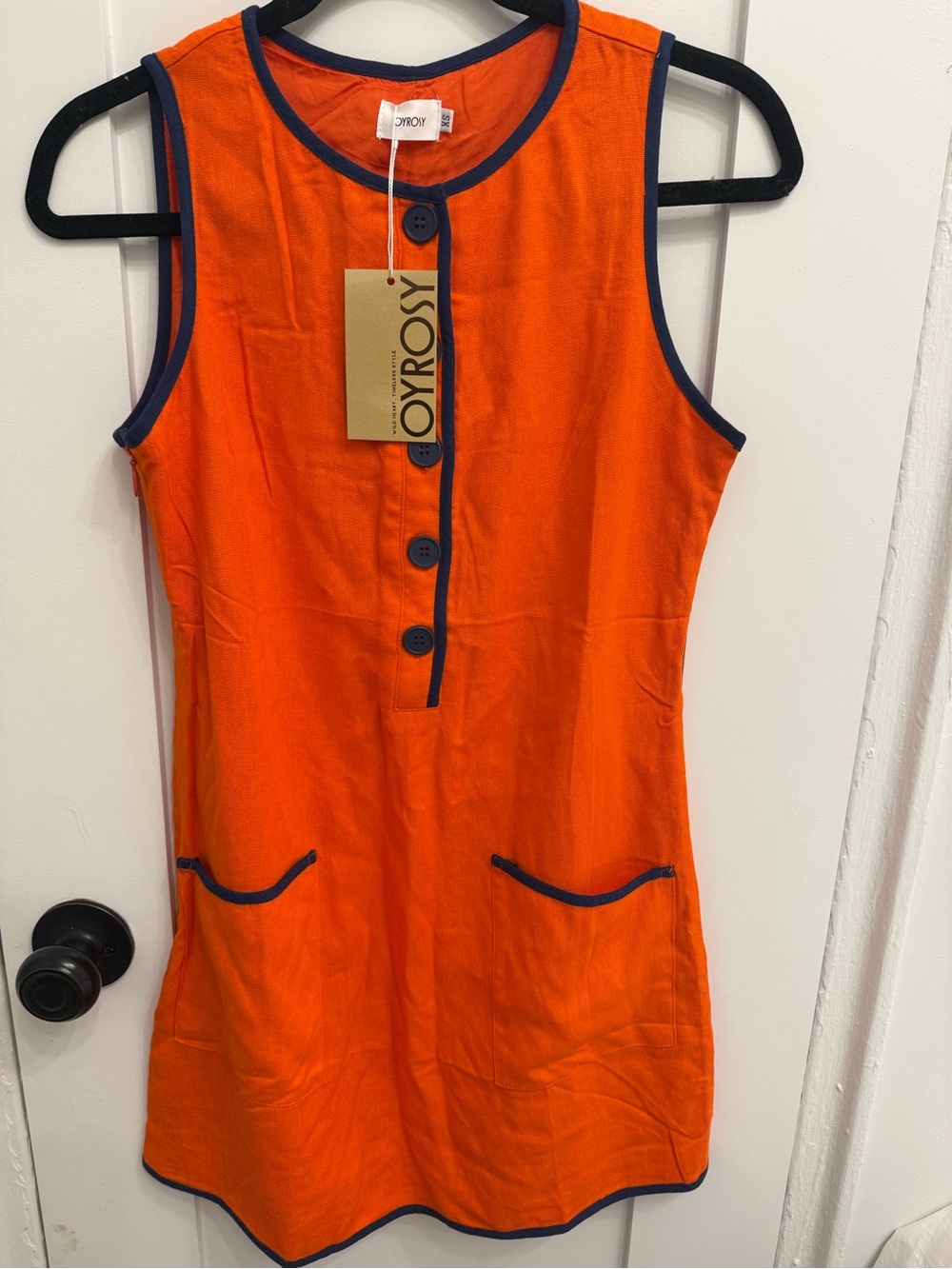 Bright Orange Sleeveless Shift Dress with Navy Trim by Oyrosy